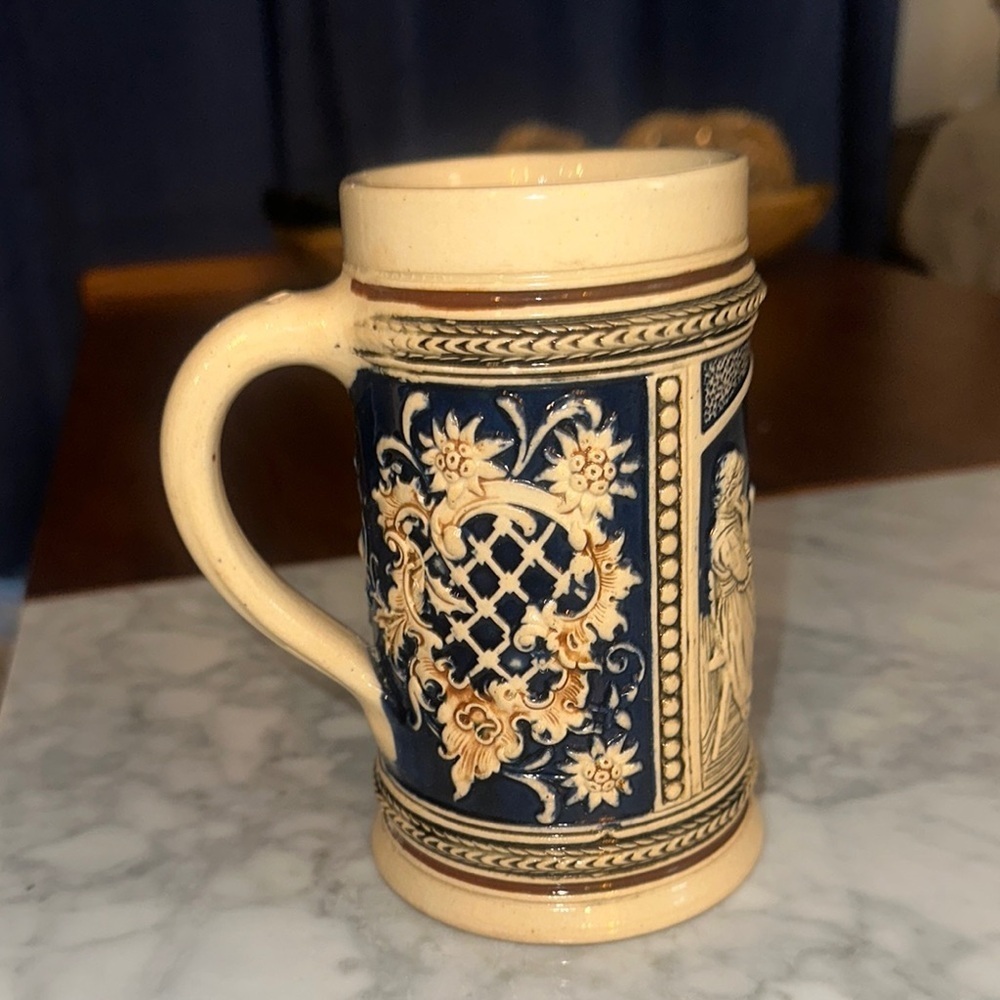 Vintage Ceramic Beer Stein with Blue and Cream Design